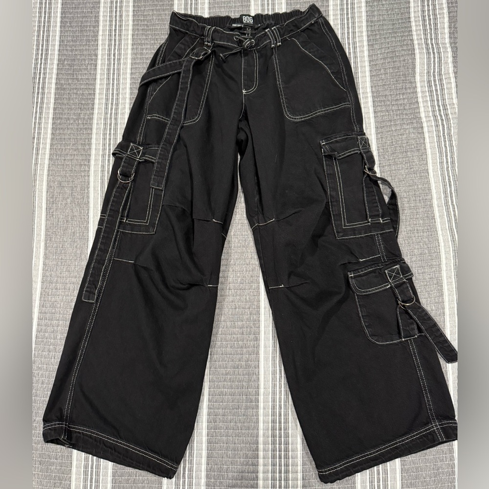 BDG Black Baggy Cargo Pants with White Stitching
